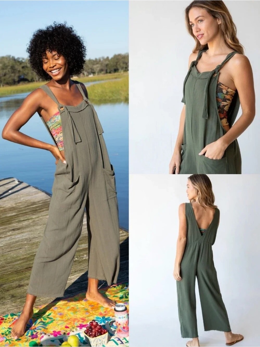 Natural Life Carly Wide Leg Jumpsuit Linen Blend XL Raw Hem Cropped Boho Olive